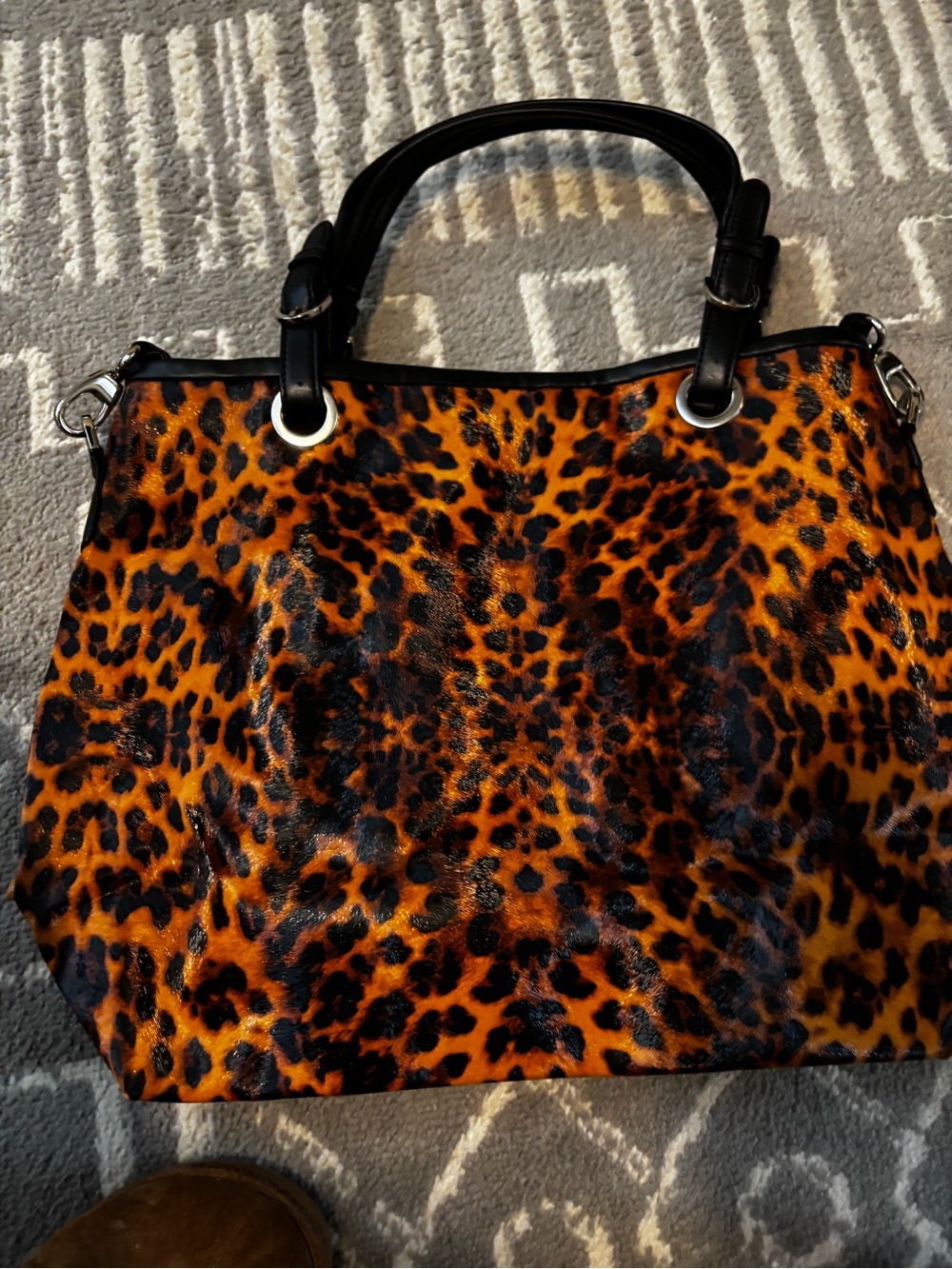 Gianni Bini Leopard Print Satchel Handbag with Black Handles